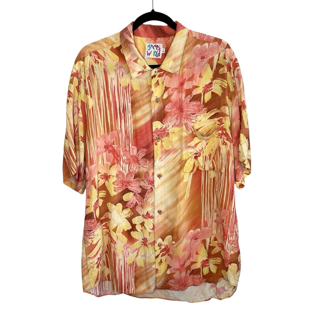 Vintage Jams World Hawaiian Shirt Large Y2k Floral Sunset Art Vacation‎ Luau 90s